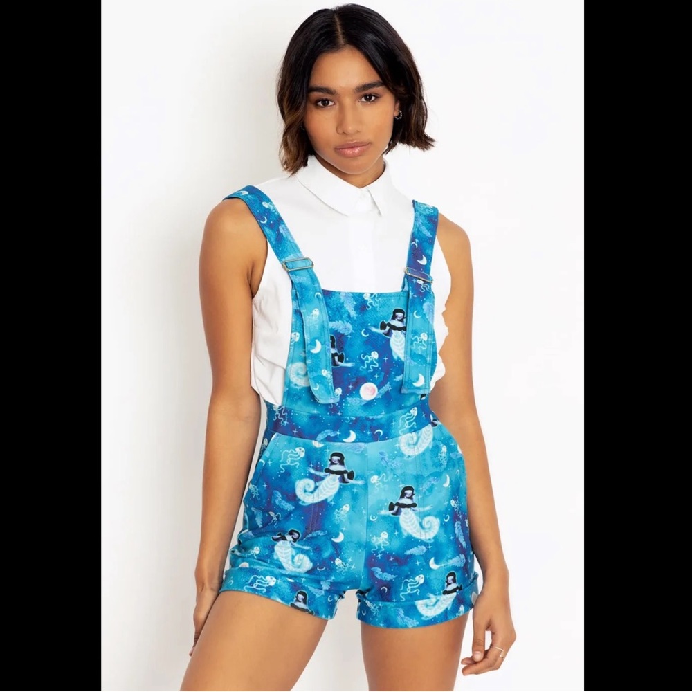BLACKMILK Spooky Mermaid SHORT OVERALLS! Mermaidcore Cute Romper Shortalls Ocean - Picture 2 of 9